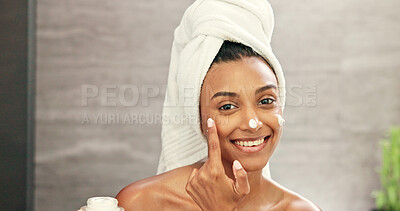 Buy stock photo Bathroom, portrait and woman with cream for skincare, wellness and anti aging benefits in morning. Home, smile and female person with application for cosmetics, beauty treatment and face moisturizer