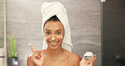 Buy stock photo Skincare, portrait and woman with cream in bathroom, wellness and anti aging benefits in morning. Home, happy and female person with application for cosmetics, beauty treatment and face moisturizer