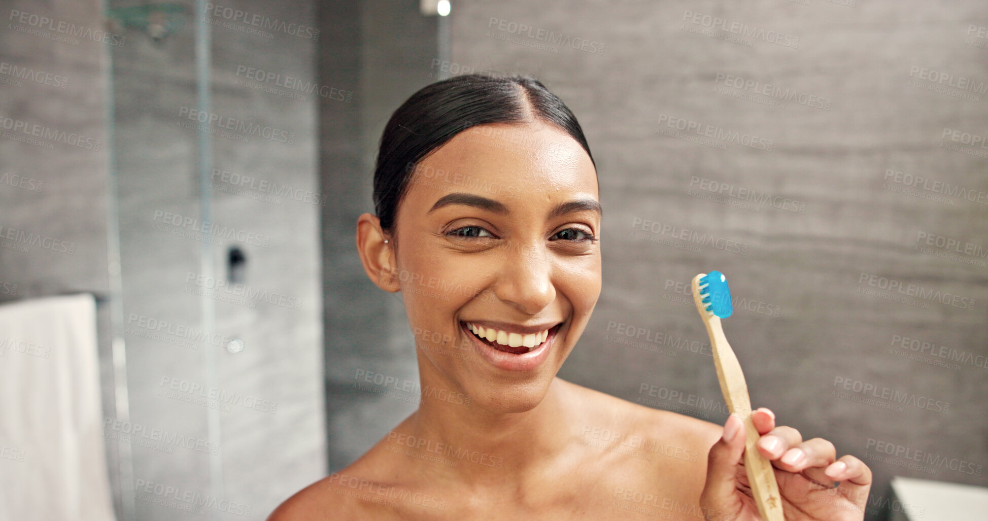 Buy stock photo Happy woman, toothbrush and toothpaste in bathroom for portrait, product recommendation and dental care. Girl, bamboo brush and minty gel in home for oral health, wellness and smile with mirror POV