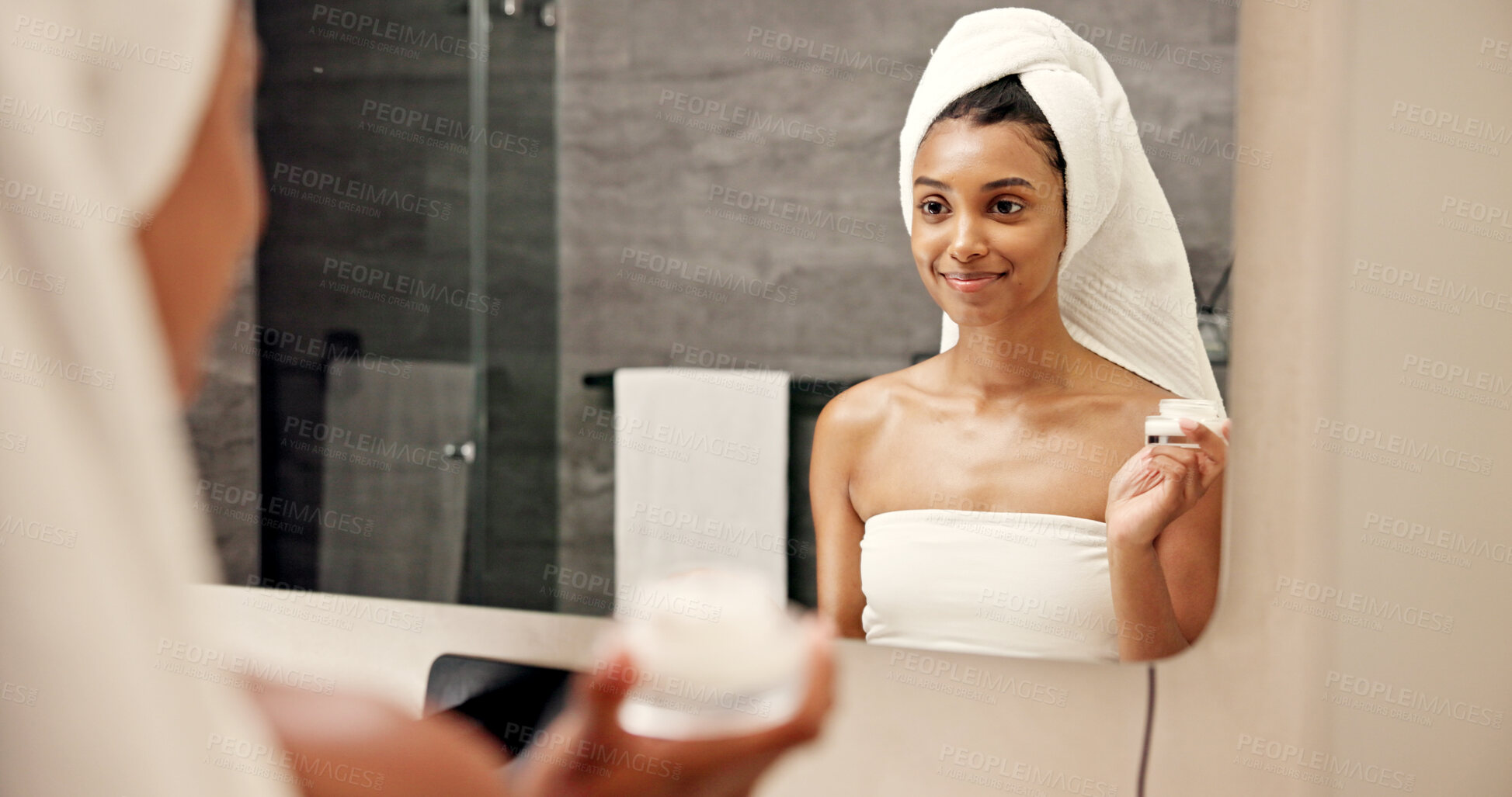 Buy stock photo Cream, skincare and mirror with woman in bathroom for beauty, morning routine and cosmetics. Smile, hotel resort and cleaning with person and lotion at home for grooming, spa glow and self care
