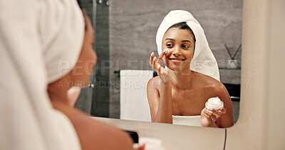 Buy stock photo Mirror, woman and application with cream for skincare, wellness and anti aging benefits in bathroom. Home, reflection and female person with smile for cosmetics, beauty treatment and face moisturizer