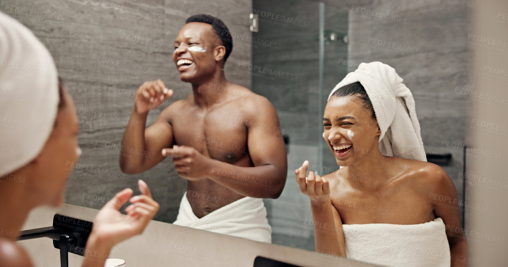 Buy stock photo Cream, skincare and laughing with couple in bathroom for beauty, morning routine and cosmetics. Bonding, hotel resort and cleaning with man and woman at home for grooming, spa glow and self care