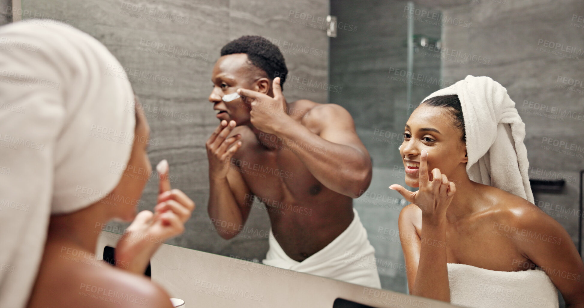 Buy stock photo Mirror, house and couple with skincare, cosmetics and dermatology with beauty. Reflection, man and woman in bathroom, cream on face and grooming routine with facial wellness, treatment and support
