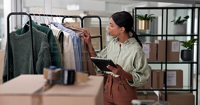 Buy stock photo Tablet, clothing and woman in office for research on apparel industry for exclusive line with online order. Digital technology, creative and female Haute Couture fashion designer with distribution.