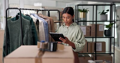 Buy stock photo Woman, tablet and inventory check at clothing store, online and update digital stock for business. Fashion, female person and upload on retail website in workplace, storage inspection and boxes