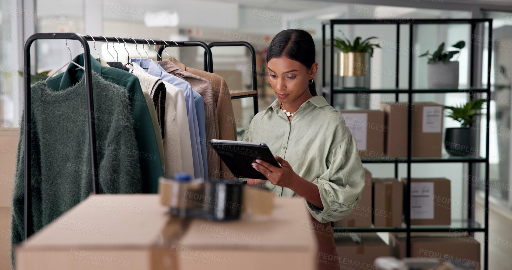 Buy stock photo Woman, tablet and inventory check at clothing store, online and update digital stock for business. Fashion, female person and upload on retail website in workplace, storage inspection and boxes