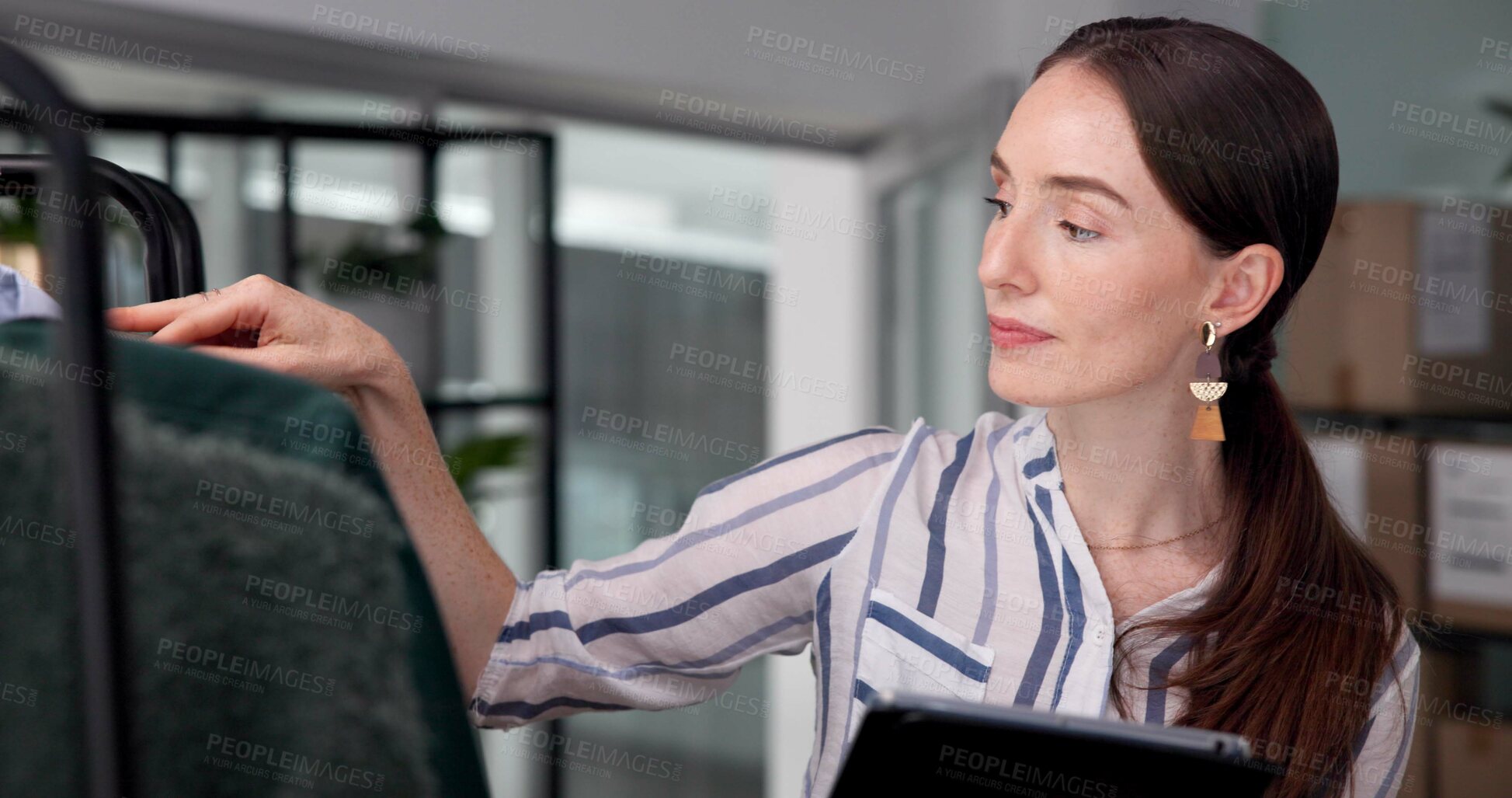 Buy stock photo Business. clothing store and woman with tablet, inspection and fashion with quality control. Person, employee and designer with tech, digital app and inventory with supply chain and retail service