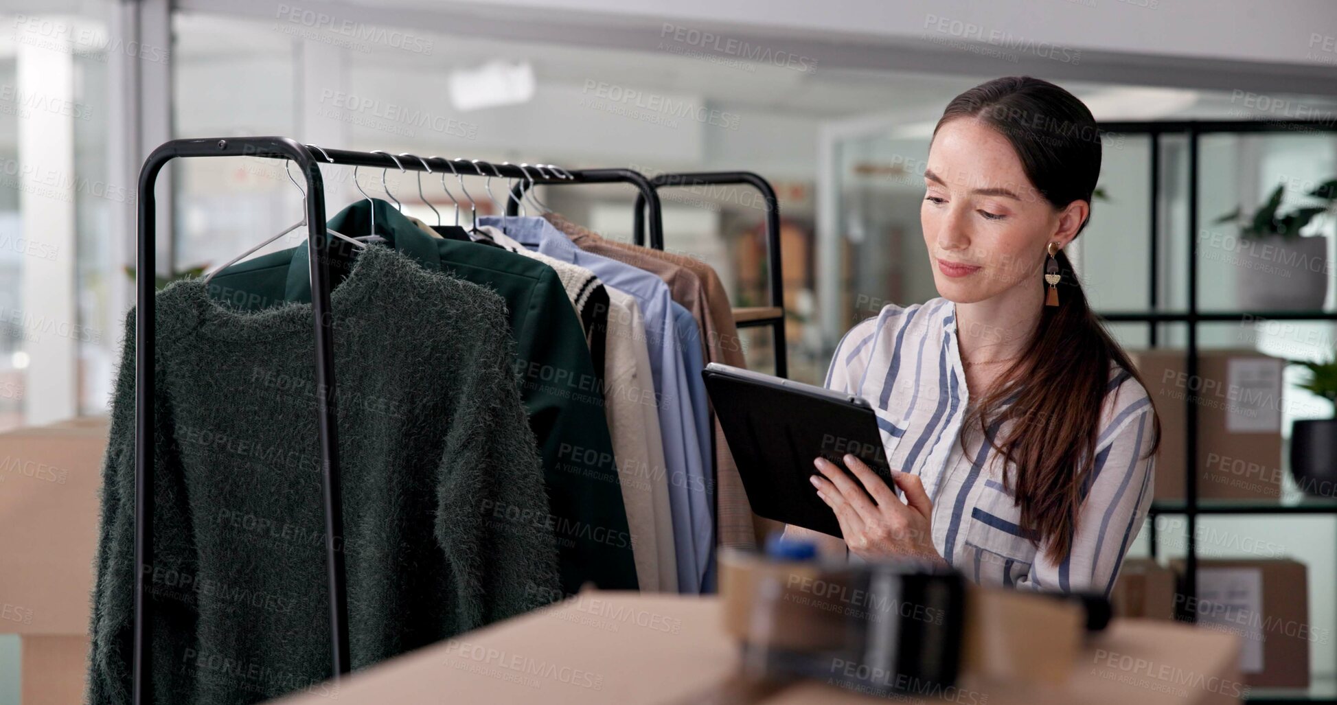 Buy stock photo Tablet, fashion and woman in office for inventory on apparel industry for exclusive line with online order. Digital technology, creative and female Haute Couture clothing designer with distribution.