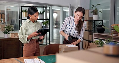 Buy stock photo Box, scanner and tablet for supply chain with women in delivery or distribution office together. Backlog, order or shipping with logistics employee team in workplace for checklist or ecommerce