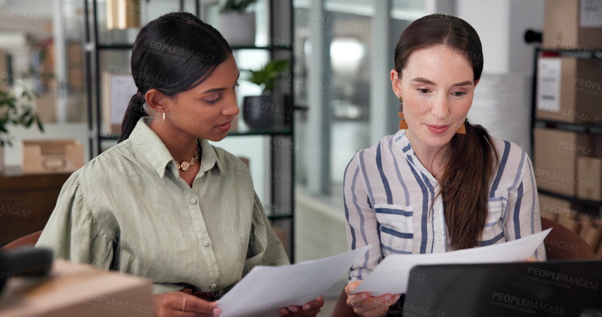 Buy stock photo Box, documents and laptop for logistics with women in delivery or distribution office together. Inventory, order or shipping with supply chain employee team in workplace for checklist or ecommerce