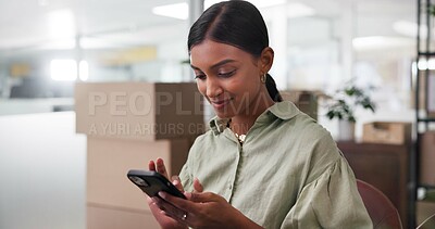 Buy stock photo Woman, phone and smile for small business, ecommerce and logistics startup with online sales. Supply chain, technology and digital website for internet store, retail service and distribution