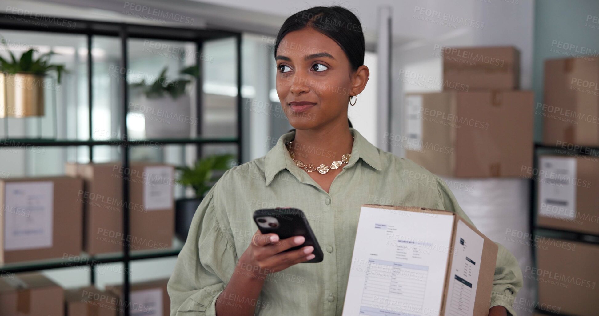 Buy stock photo Cellphone, box and woman in office for distribution information with delivery, shipping or export. Reading, phone and female logistics coordinator with cardboard package for online order parcel.