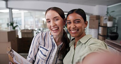 Buy stock photo Clipboard, selfie and smile for supply chain with women in delivery or distribution office together. Happy, order or shipping with logistics employee team in workplace for checklist or ecommerce
