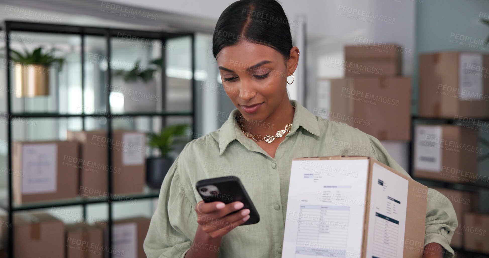Buy stock photo Phone, box and woman in office for distribution information with delivery, shipping or export. Reading, cellphone and female logistics coordinator with cardboard package for online order parcel.