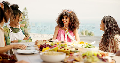 Buy stock photo Lunch, women and friends laughing at party, celebration and joke on holiday at event outdoor. Group, food and funny girls at social gathering for reunion, conversation and hangout to relax together