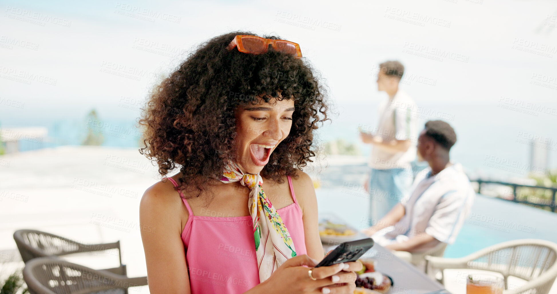 Buy stock photo Pool, surprise and woman with smartphone, travel and tourism with positive email. People, mobile user and girl with cellphone, summer holiday and facial expression with social media, excited and wow
