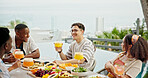 Drinks, friends and happy people at lunch party, celebration and hangout on holiday at event outdoor. Group, food and social gathering at table together at reunion, talking and relax for conversation