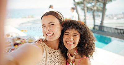 Buy stock photo Smile, selfie and friends with women at party for travel vacation, photography memory and college freshman. Social media, spring break picture and hotel resort with people on holiday for celebration