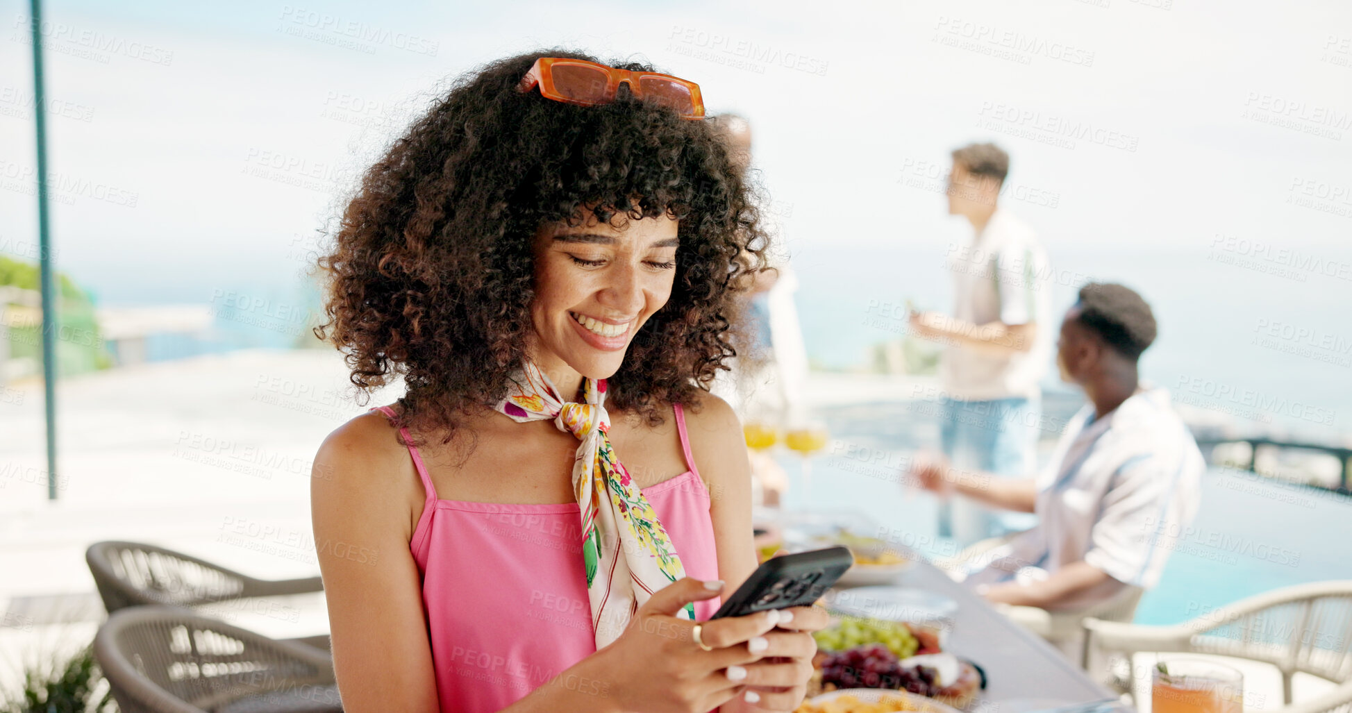 Buy stock photo Happy woman, typing or browsing with phone at resort for holiday, vacation or online party invitation. Female person, tourist or user with smile on mobile smartphone for social media, texting or chat