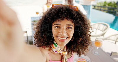 Buy stock photo Happy woman, portrait and vacation with selfie for holiday memory, travel or trip at luxury resort. Face, female person or tourist with smile for photography, party or summer event at catering hotel