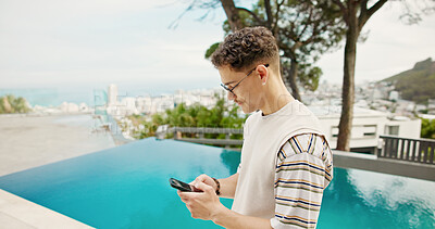 Buy stock photo Pool, vacation and man with cellphone, travel and weekend break with internet. Hotel, summer holiday and person with smartphone, influencer and social media with connection, app and luxury resort