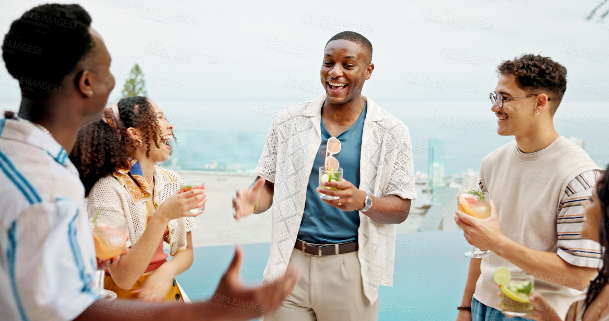 Buy stock photo Happy people, laughing and party with drinks for vacation, holiday or get together at luxury resort. Excited, friends or group with smile, funny joke or humor for fun bonding, event or celebration