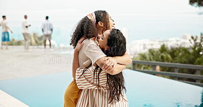 Buy stock photo Happy women, hug and greeting with pool at resort for party, celebration or get together. Female people, friends or embrace with care for love, support or meet up at luxury hotel or holiday vacation