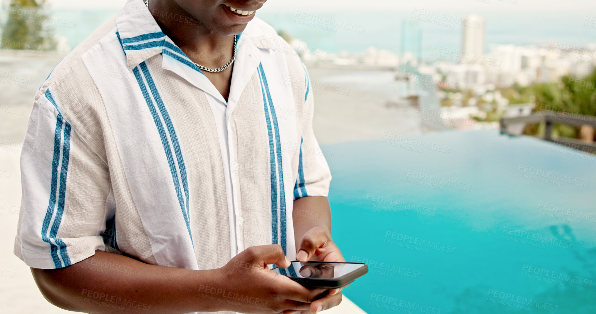 Buy stock photo Pool, hands and man with smartphone, typing and summer holiday with internet, texting and tourism. Person, closeup and traveller with cellphone, email and message to contact with social media app