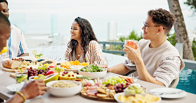 Buy stock photo Party, friends and happy people eating lunch at celebration, hangout and holiday at event outdoor. Group, food and social gathering and together at reunion, conversation and drink alcohol by pool