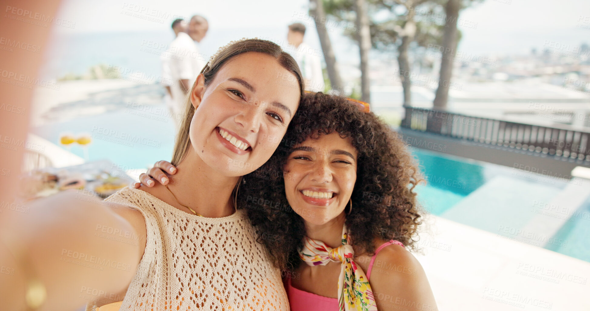 Buy stock photo Hug, selfie and friends with women at party for travel vacation, photography memory and college freshman. Social media post, spring break picture and hotel resort with people on holiday for pov