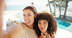 Travel, selfie and friends with women at party for summer vacation, photography memory and college freshman. Social media, spring break picture and hotel resort with people on holiday for pov