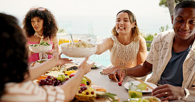 Buy stock photo Food, lunch party and people outdoor for Presidents day celebration together with bonding. Happy, diversity and friends eating meal at brunch on public holiday for community in backyard at house.
