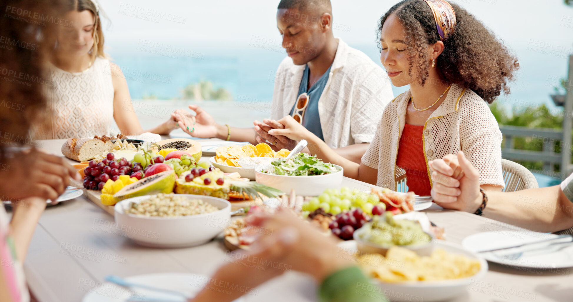 Buy stock photo Praying, lunch and people outdoor with religion for Presidents day celebration together with group. Holding hands, worship and friends with prayer for meal at brunch on public holiday at house.