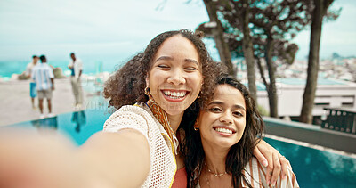 Buy stock photo Portrait, selfie and friends with women at party for summer vacation, photography memory and college freshman. Social media, spring break picture and hotel resort with people on holiday for pov