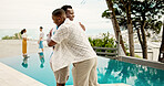 Happy men, hug and greeting with pool at resort for party, celebration or get together. Male people, friends or embrace with smile for love, support or meet up at luxury hotel or holiday vacation