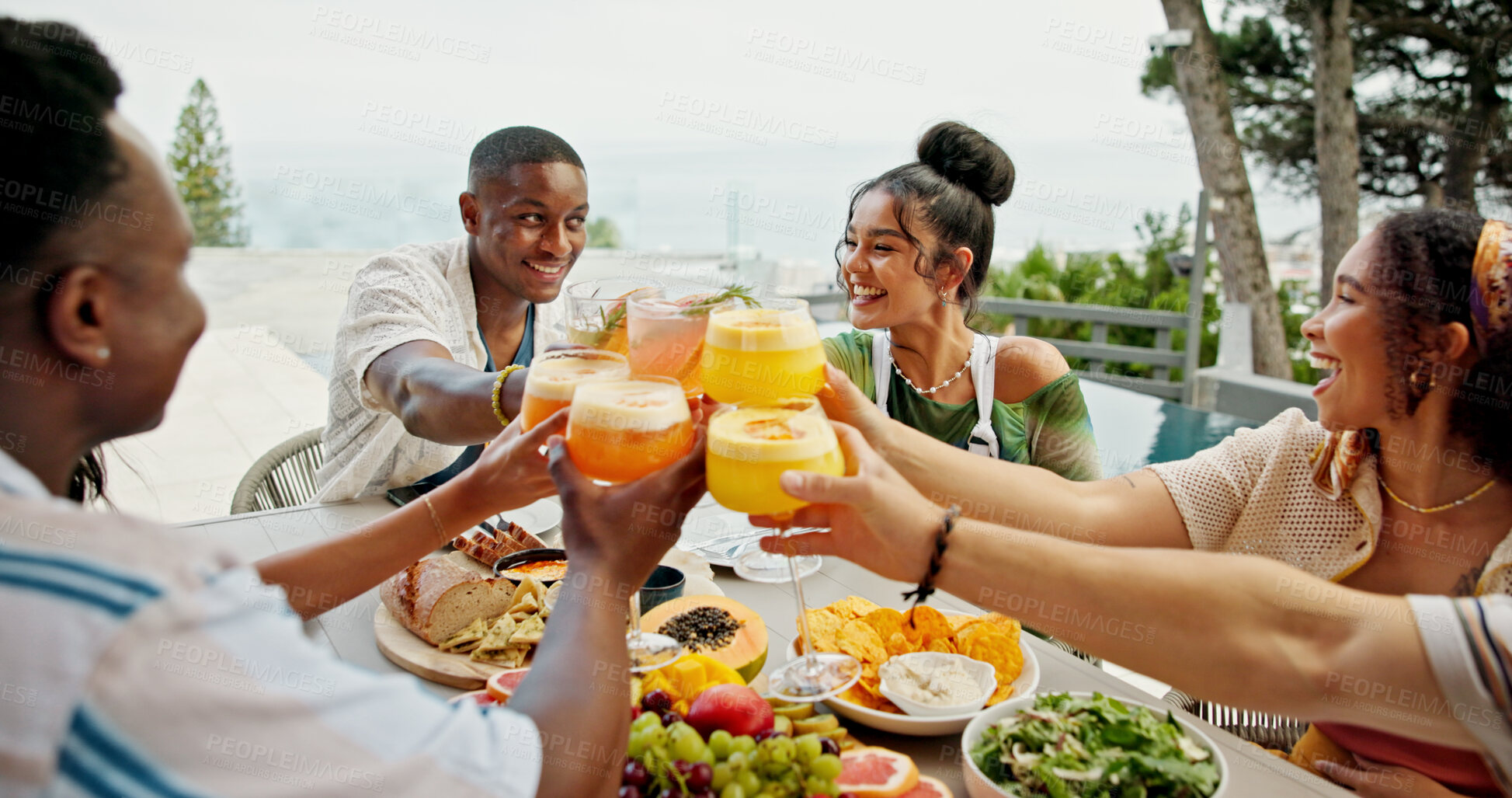 Buy stock photo Drinks, friends and cheers at lunch party, celebration and success on holiday at event outdoor. Group, food and happy people toast at social gathering, reunion and relax at table together by pool