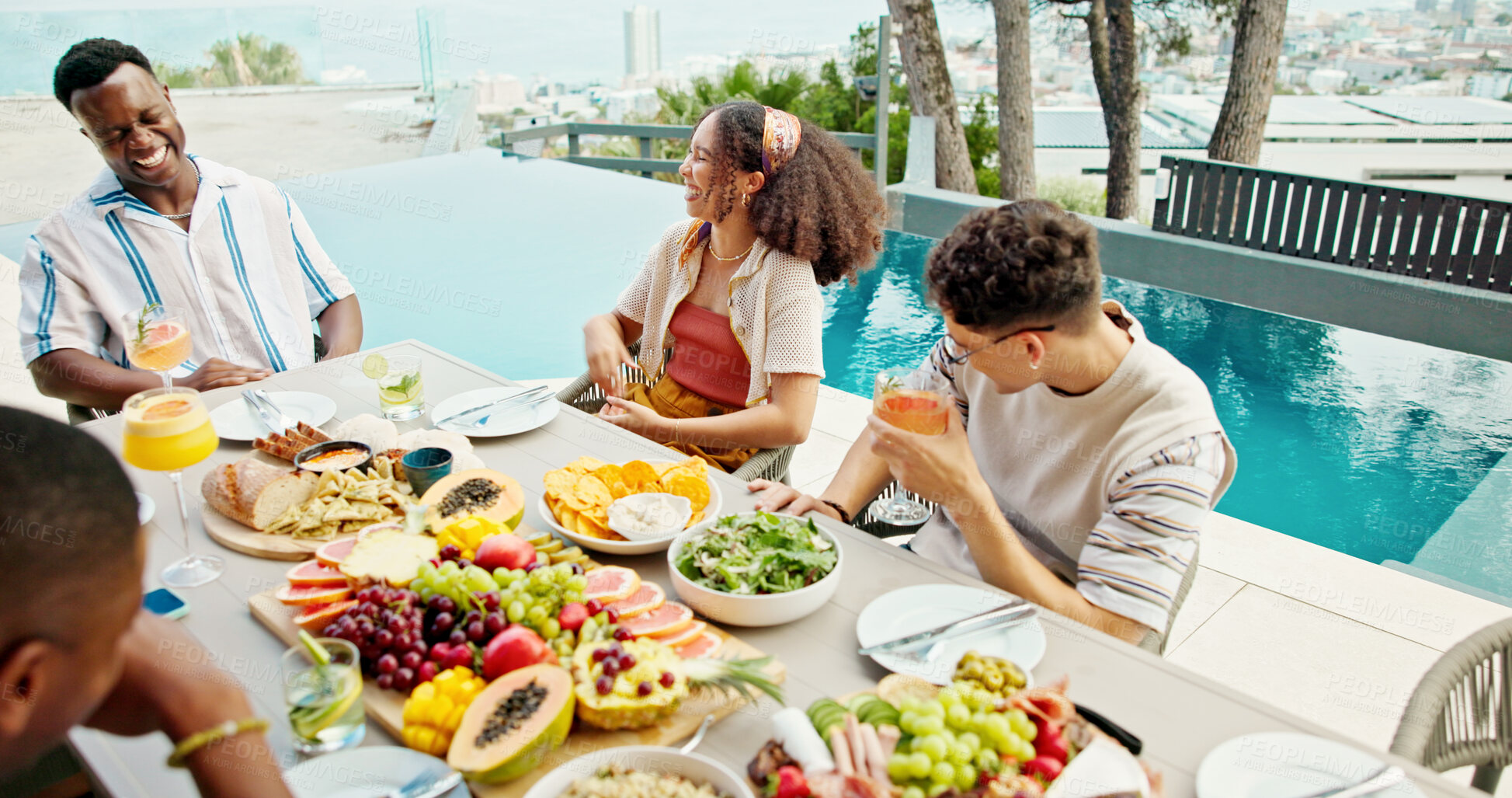 Buy stock photo Food, brunch party and people outdoor by pool for Presidents day celebration together with bonding. Happy, laugh and friends eating healthy meal at lunch on public holiday for in backyard at house.