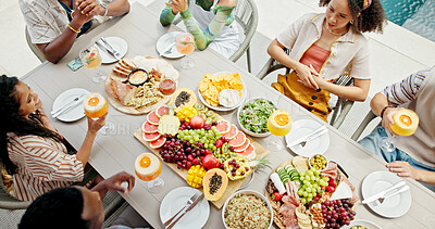 Buy stock photo People, talking and food for brunch outdoor for birthday party, social gathering and bonding. Friends, discussion and gossip news with cocktail, healthy meal and group reunion for holiday celebration