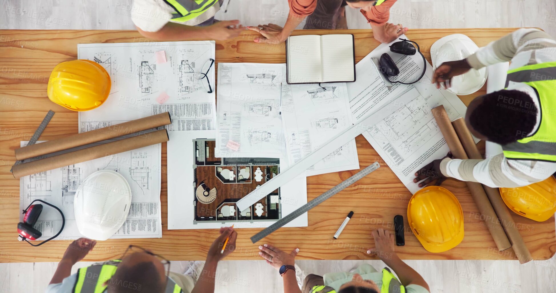 Buy stock photo Above, architecture or people at blueprint for meeting, building design or strategy in office. Engineer team, collaboration or planning at table for home renovation, urban development or construction