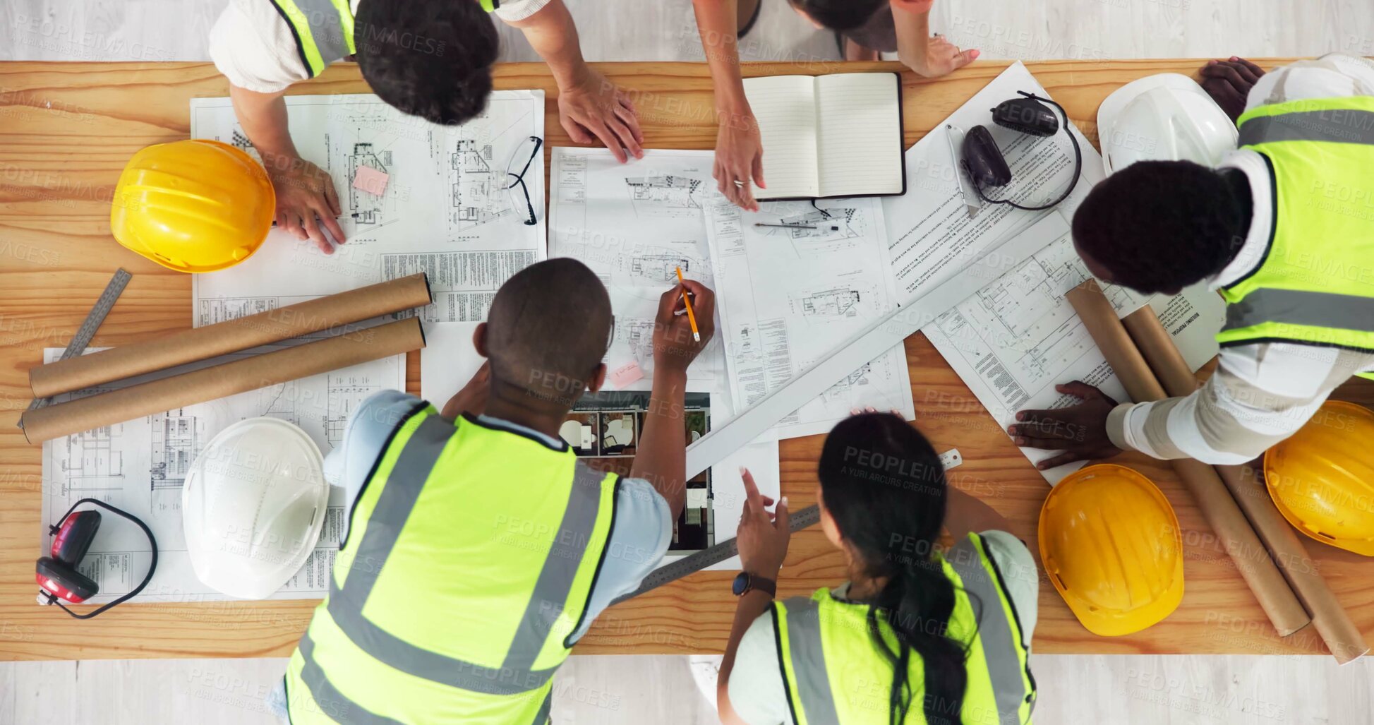 Buy stock photo Above, architecture or people in office for planning, building design or strategy at table. Engineer team, collaboration or blueprint in agency for home renovation, urban development or construction