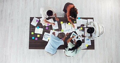 Buy stock photo Above, meeting and teamwork with business people in office for event planning, budget and schedule proposal. Project management, documents and marketing strategy with employees for campaign producer