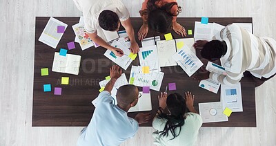 Buy stock photo Above, workshop and documents with business people in office for event planning, budget and schedule proposal. Project management, teamwork and marketing strategy with employees for campaign producer