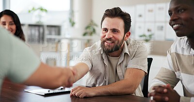 Buy stock photo Creative business people, team and handshake for agreement, cooperation or conflict resolution. Smile, group and shaking hands for collaboration, b2b deal or negotiation success for startup funding