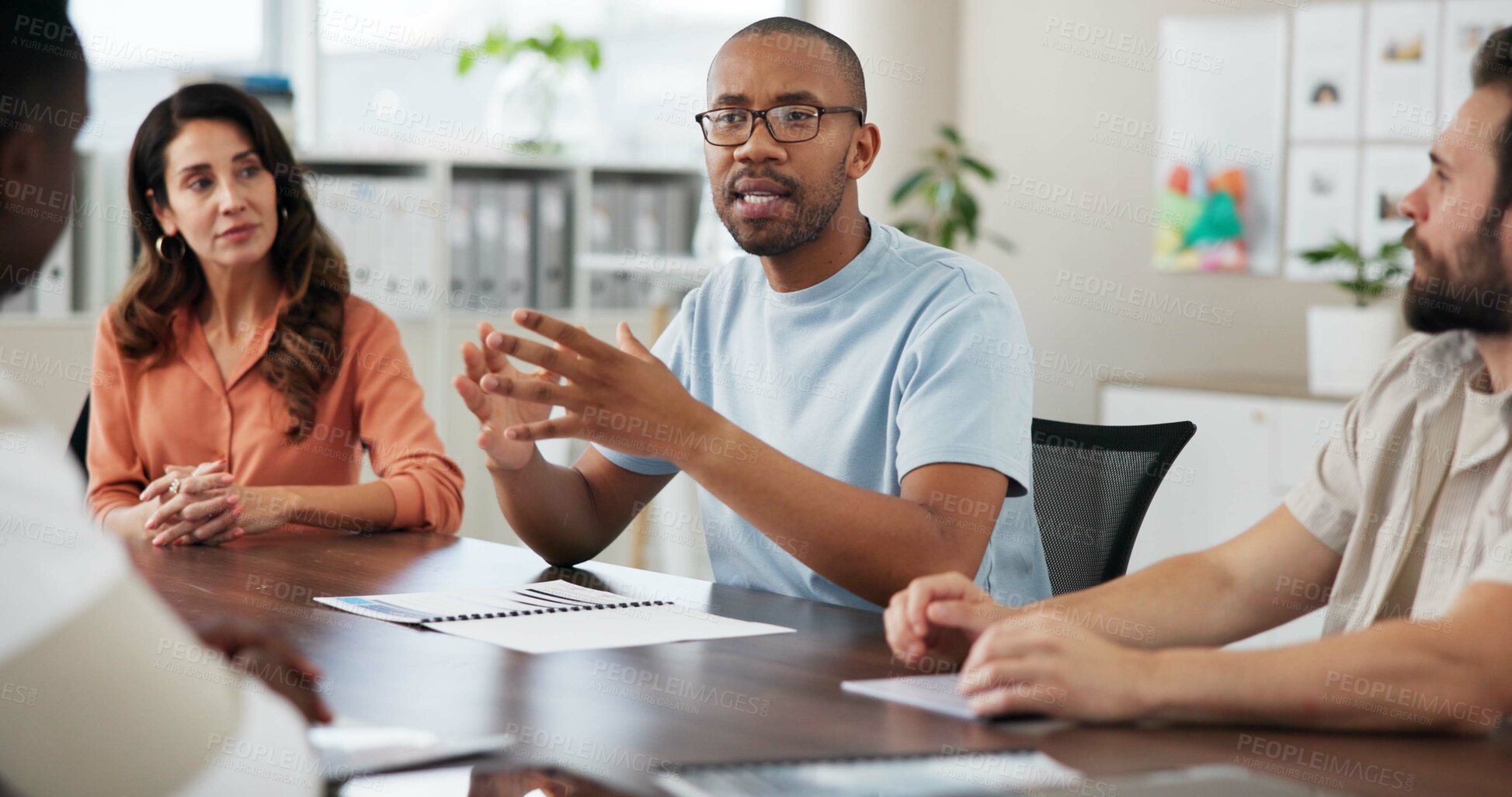 Buy stock photo Man, meeting and talking with business people in office for event planning, budget and schedule proposal. Project management, teamwork and marketing strategy with employees for campaign producer
