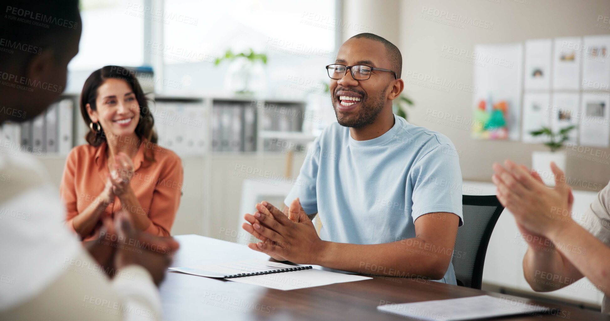 Buy stock photo Applause, group and celebration for deal, creative and happy for achievement in meeting and boardroom. Clapping, success and people with accomplishment for project, congratulations or win for company