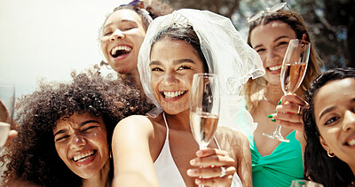 Buy stock photo Champagne, selfie and smile of bachelorette friends outdoor at luxury hotel for celebration together. Hen party, toast or vacation with woman and bridesmaids at resort for drinking or photograph