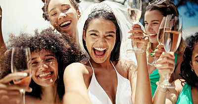 Buy stock photo Selfie, champagne and bachelorette party with women at hotel for summer, celebration and holiday. Travel, portrait and bridal shower with group of friends at resort for memories, vacation and support