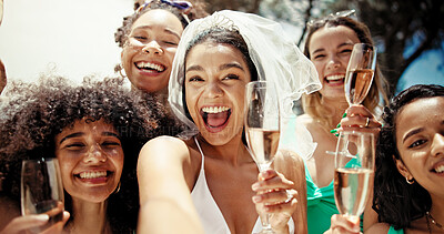 Buy stock photo Selfie, champagne and bachelorette party with women at hotel for summer, celebration and holiday. Travel, portrait and bridal shower with group of friends at resort for memories, vacation and support