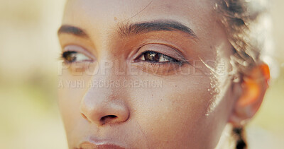 Buy stock photo Woman, eyes and thinking in nature for fitness, peace and relax on exercise break. Girl, closeup or outdoor with daydreaming for future, planning wellness and mindfulness reflection for mental health