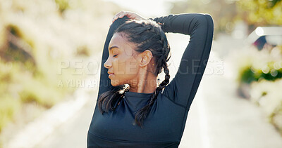 Buy stock photo Active, woman and stretching for fitness outdoor of running exercise, marathon training and cardio routine. Female athlete, runner and muscle warm up for workout, sports competition and wellness goal